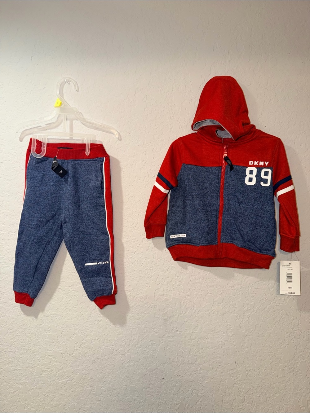 NWT DKNY Toddler Boys 2PC Zip Hoodie Joggers Set Dress Blues Red 18M